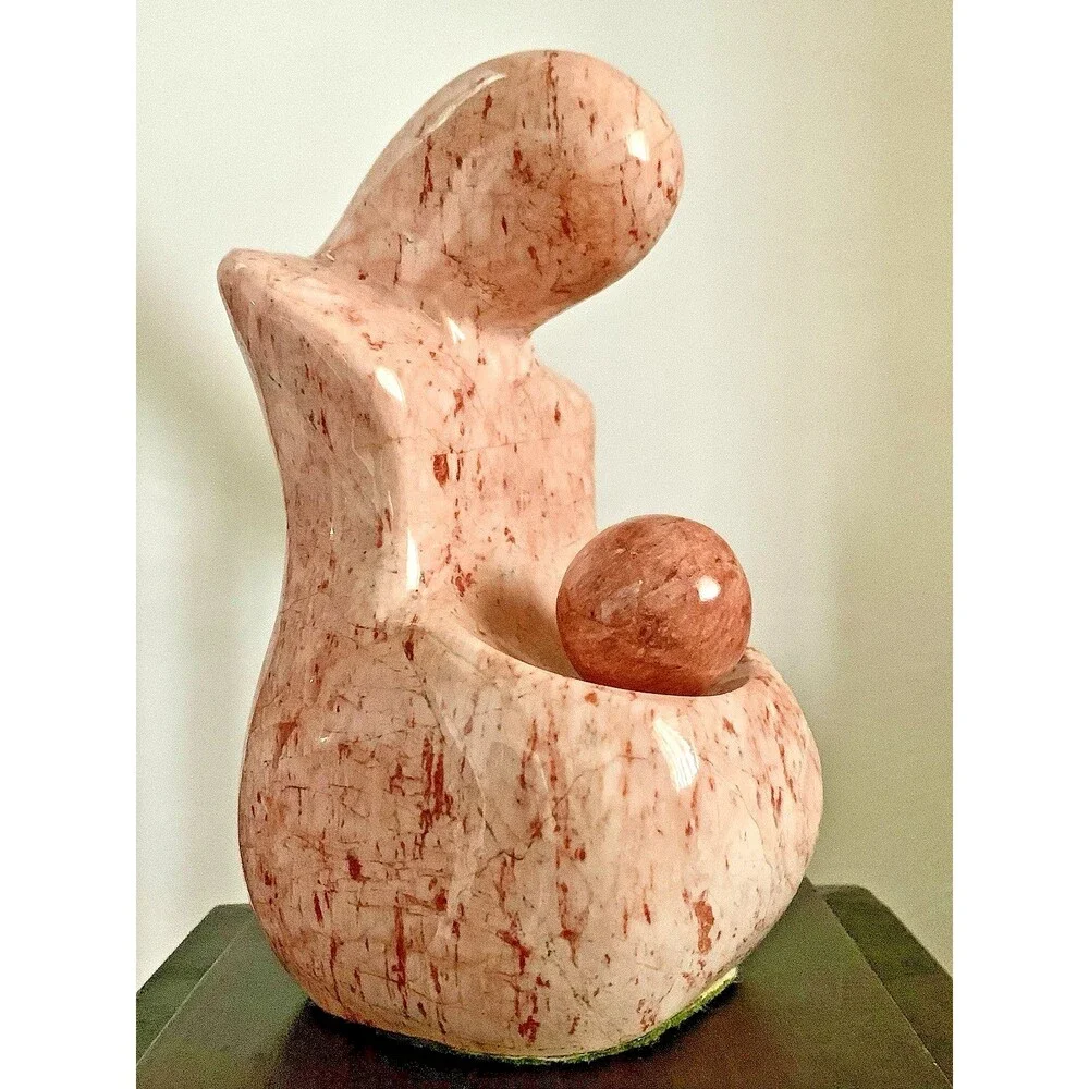 VINTAGE PINK MARBLE SCULPTURE- Abstract Mother & Child, Mid Century Modern 7
